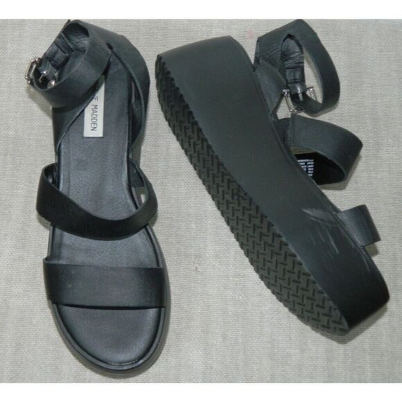 Steve Madden Platform Sandal Size 9.5 Black Leather Strappy‎ Bay Style - Picture 1 of 9